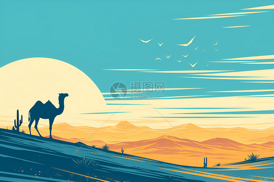 沙漠黄昏时分的骆驼图片