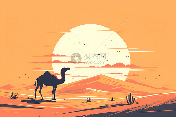 黄昏中沙漠上的骆驼图片