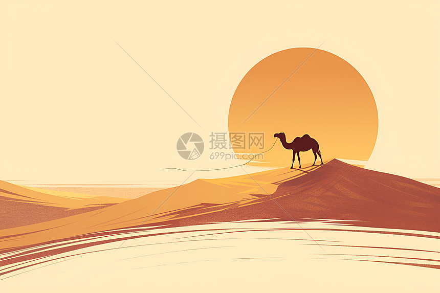 沙漠中的骆驼与夕阳图片