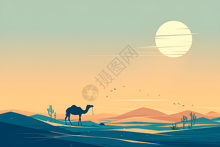 沙漠中的骆驼与仙人掌图片