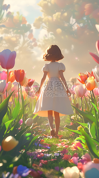 小女孩在郁金香花园中行走图片