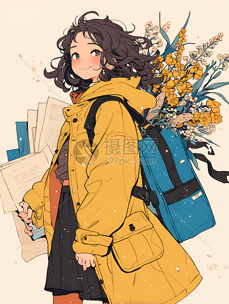 黄色大衣少女带着鲜花图片