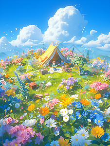 田野中帐篷与花草图片