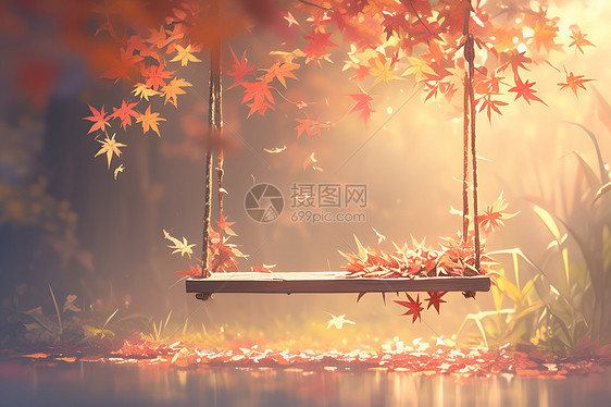 秋日公园的木秋千图片