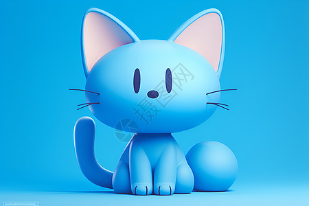 蓝猫与蓝色彩背景的简约插画图片