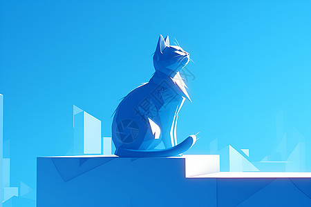 蓝色背景下的极简猫咪图片