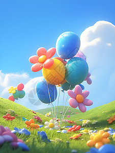 花状气球在草地上飘荡图片