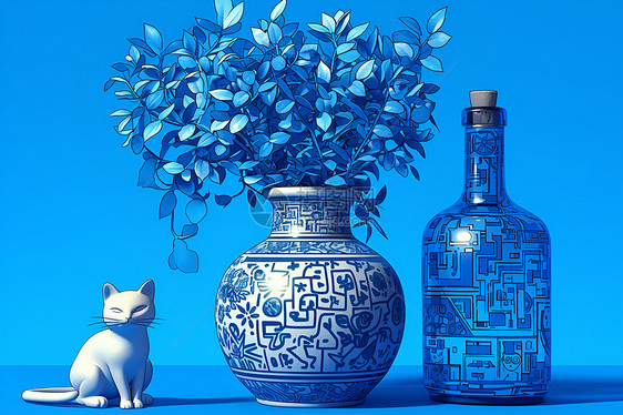 蓝色背景中的猫咪和复古花瓶图片