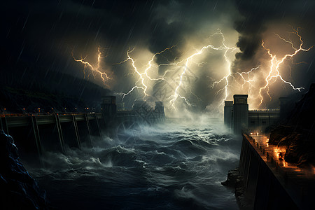 风雨相伴大坝的雷暴天气插画