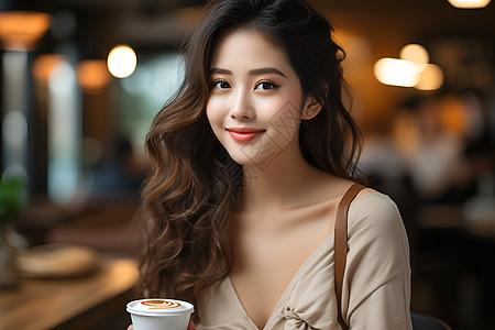 微笑的美女喝咖啡图片