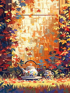 秋叶间的茶壶图片
