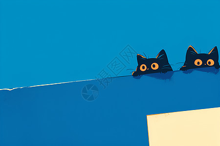 两只猫咪坐在蓝色背景墙上图片