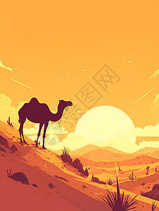 沙漠中的骆驼日落景观图片