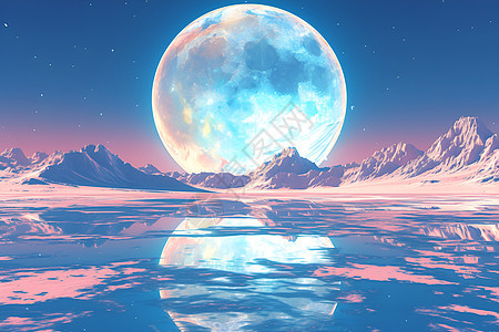 湖水中岛屿的山脉和月亮图片
