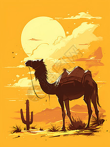 大漠剪影夕阳映照下的骆驼图片