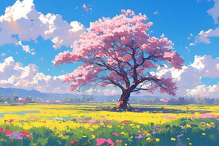 春天美丽的草地和樱花树图片