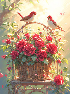 红玫瑰篮中的恋爱小鸟图片