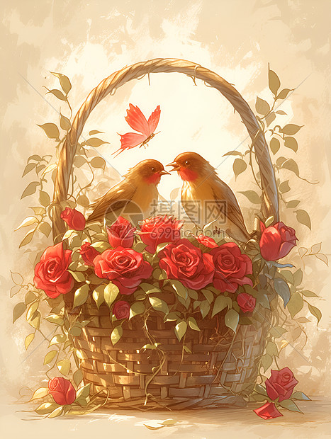 玫瑰和小鸟的篮子图片