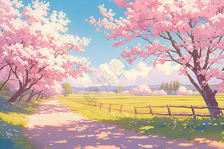 花园小径粉色盛开的樱花树图片