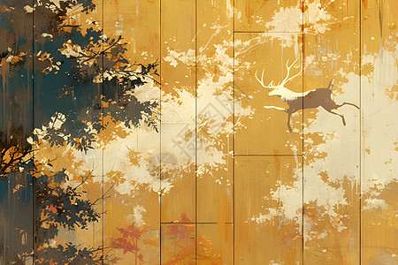飞翔的白鹿在橙色和米色背景下的透视壁画图片