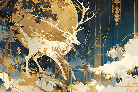 梦幻的鹿插画图片