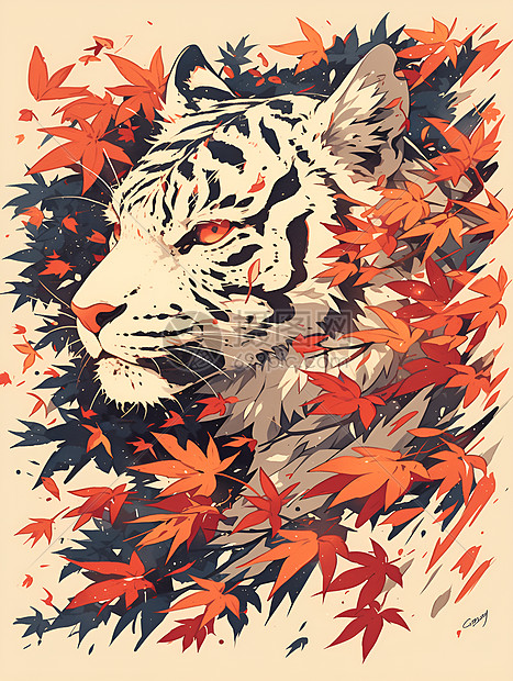秋季枫叶中的动物老虎图片