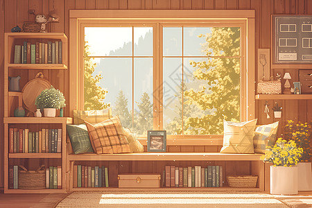 飘窗设计木屋内的家具插画