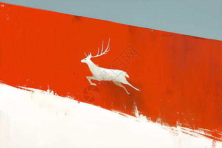 彩色动物红墙上奔跑的白鹿插画