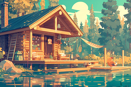 湖边的木屋图片