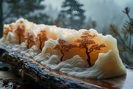 缅甸玉石木托上的玉石山峦设计图片