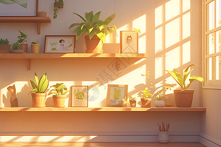 客厅木架上的植物和相框图片