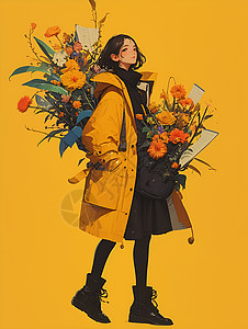 黄色外套里的花束图片