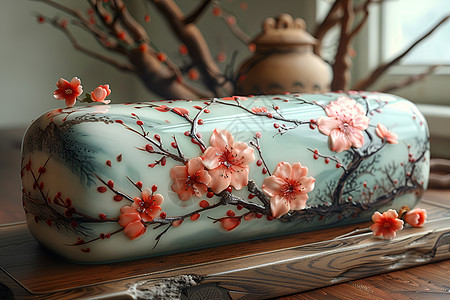 木桌上的粉彩瓷枕图片