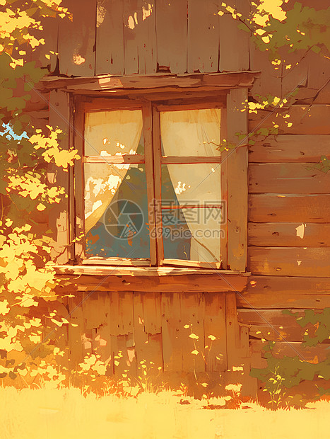 阳光洒落在木屋上图片
