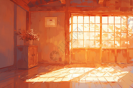 阳光照耀下的小木屋图片