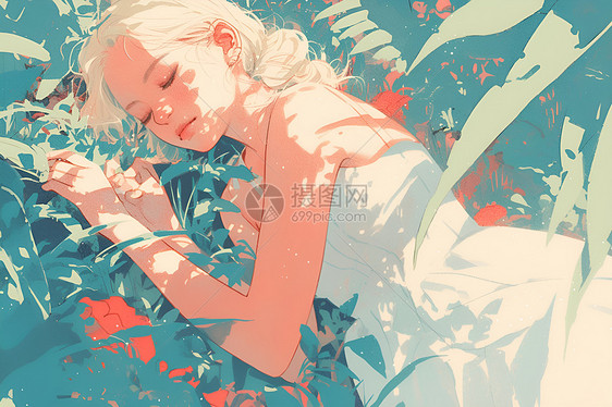 睡觉草丛的女孩图片