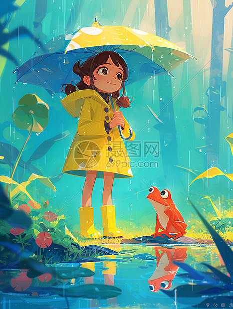 雨中少女与红蛙图片
