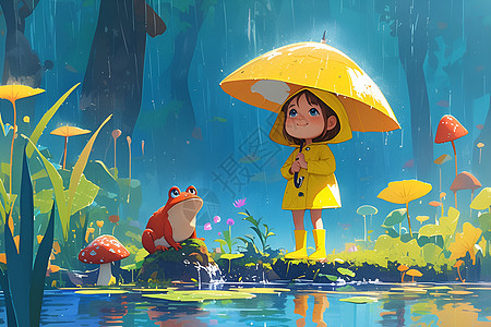 小女孩在雨中探险图片
