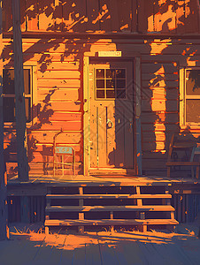 阳光照耀下的木屋和庭院图片