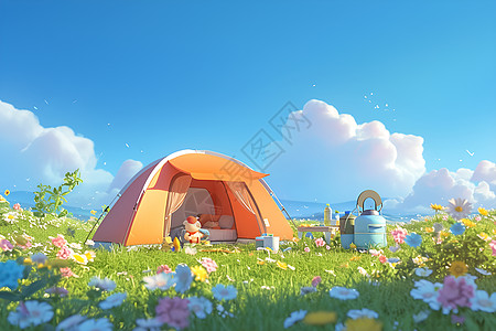 花海中的露营帐篷图片