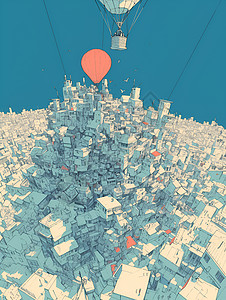 繁华城市上空的热气球图片