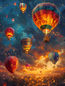 夜幕下五彩斑斓的热气球图片