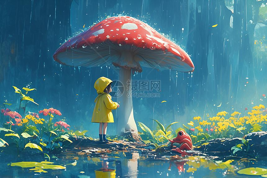 蘑菇下躲雨的女孩图片