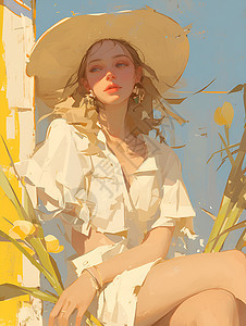 戴着草帽的女人坐在阳光下图片