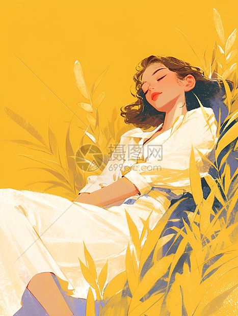 躺在草地上的白裙女子图片