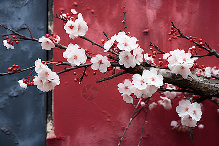 红梅花红墙上绽放的梅花背景