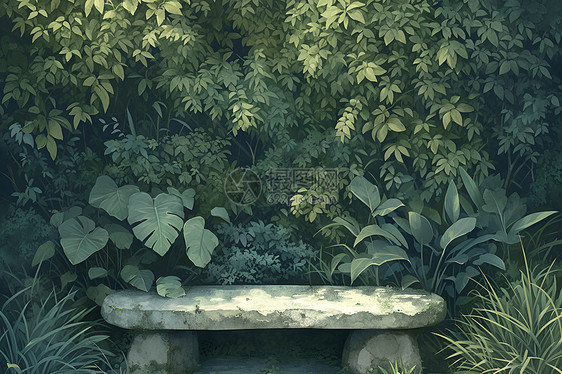 静谧绿洲古朴石桌繁茂绿意图片