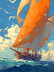 风吹起木船的帆图片