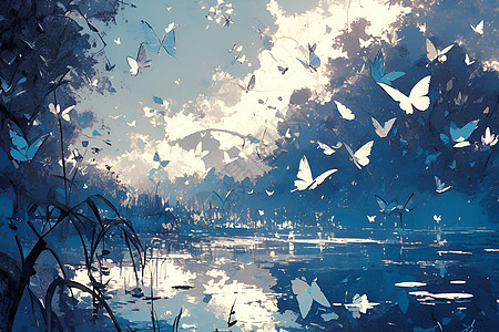 湖面上的蝴蝶飞舞图片