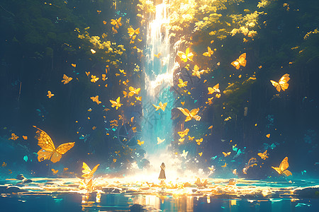 金色蝴蝶环绕的瀑布背景图片